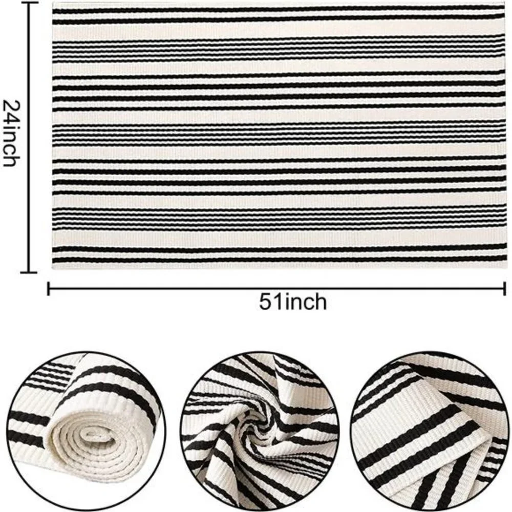 Black & White Striped24'' x 51'' Front Porch Rug Hand-Woven Machine Washable Mat